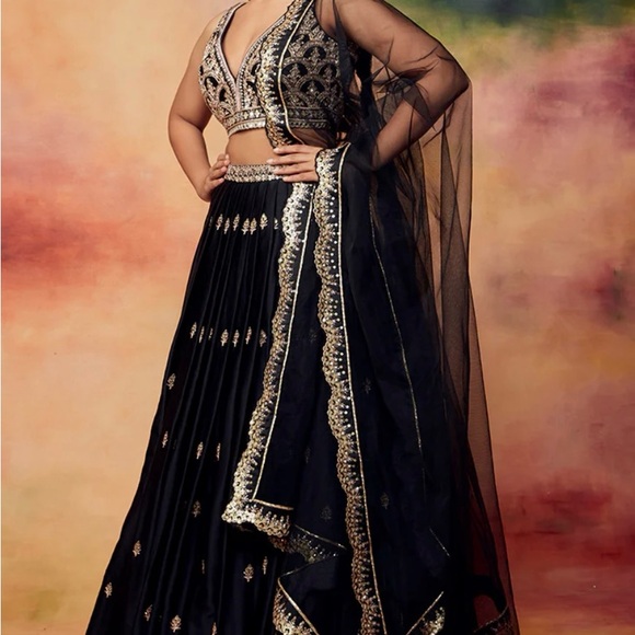 Black and Gold Embroidered Lehenga Set - Picture 3 of 12